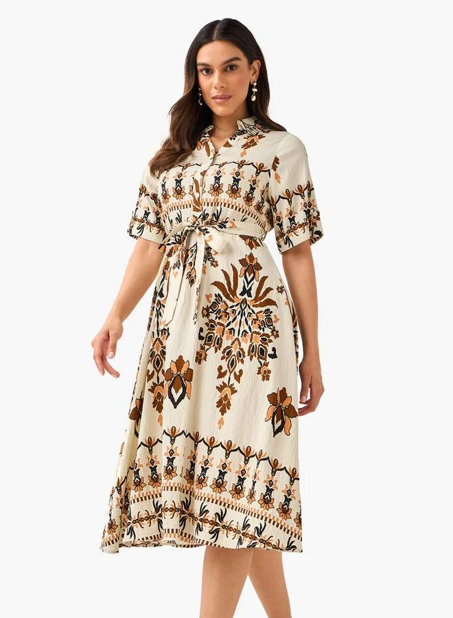 سبلاش فيڤ Belted Midi Shirt Dress with Printed Design